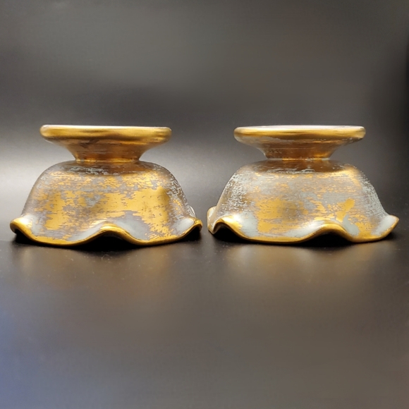 1950's Stangl Antique Gold Light Blue Pair Candle Holders Candle Bowls EUC #5069 - Picture 5 of 8